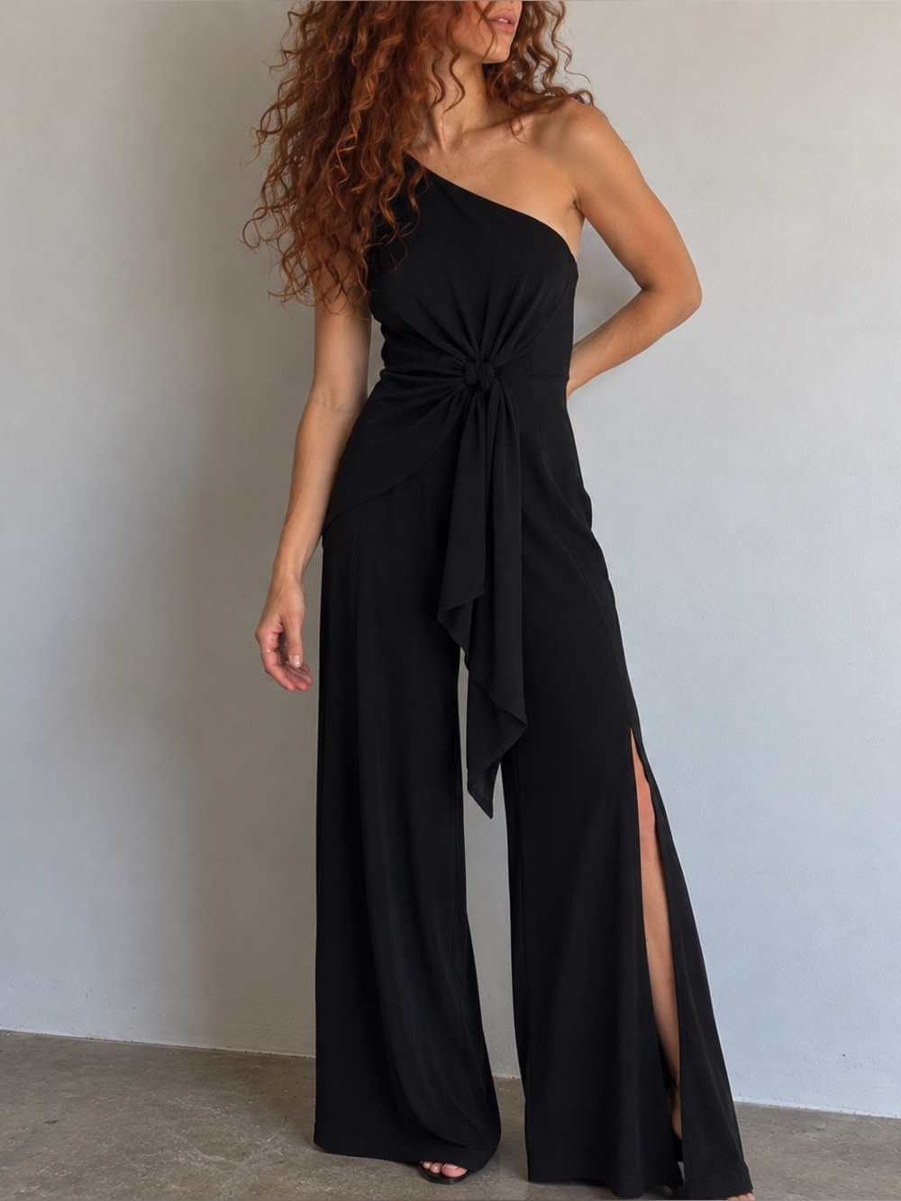 Bardot Black Bellini One Shoulder Tie Waist Wide Leg Jumpsuit Size 4